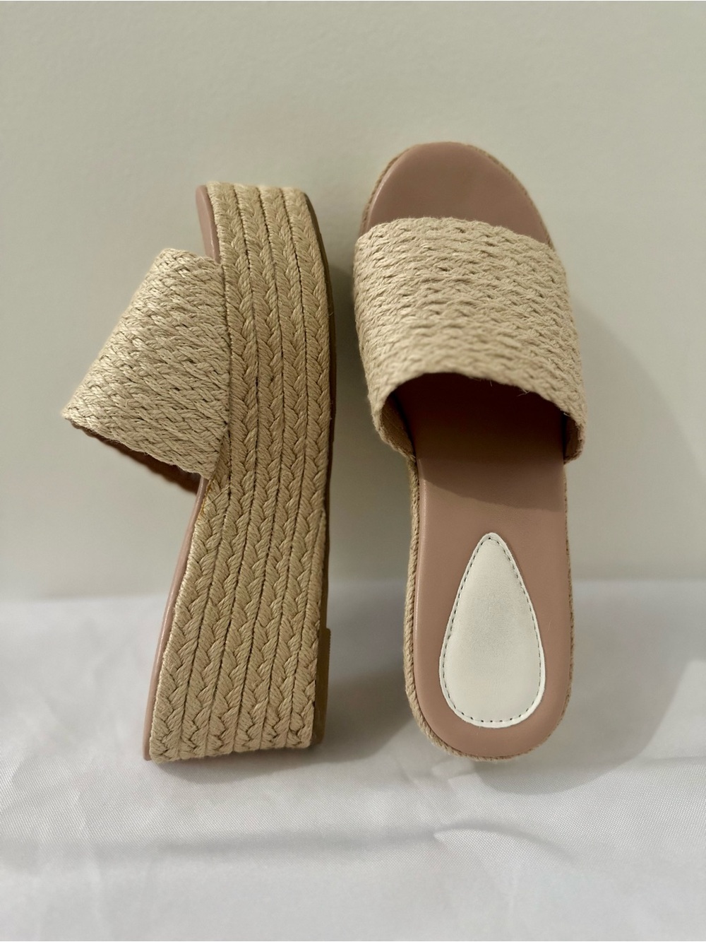 Woven Beige Platform Slide Sandals